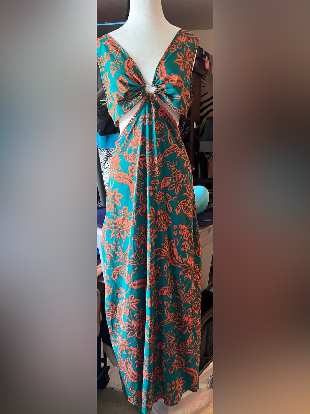 Teal & Coral Floral Tie-Front Maxi Dress